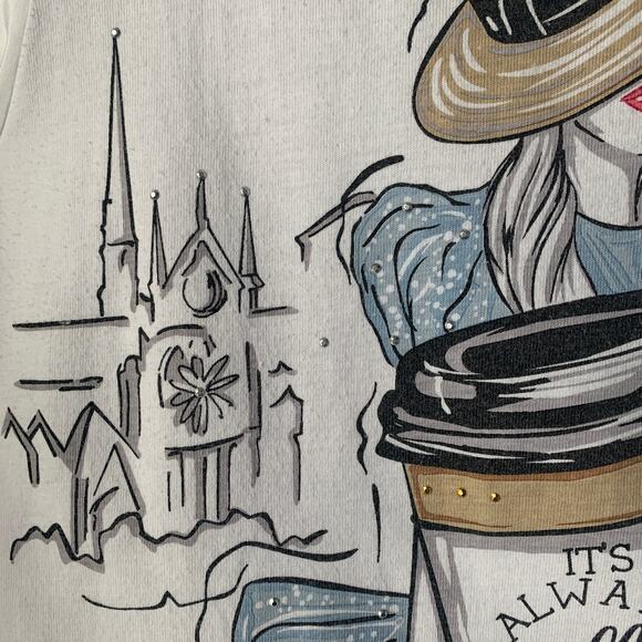 More Love & Lace White Blouse with Paris Graphic Flowers Puff Sleeves Size Large - Picture 6 of 15